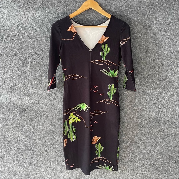 LezaLez Womens Western Themed Dress Size Small Elbow Sleeve Cactus Cowboy - Picture 3 of 9